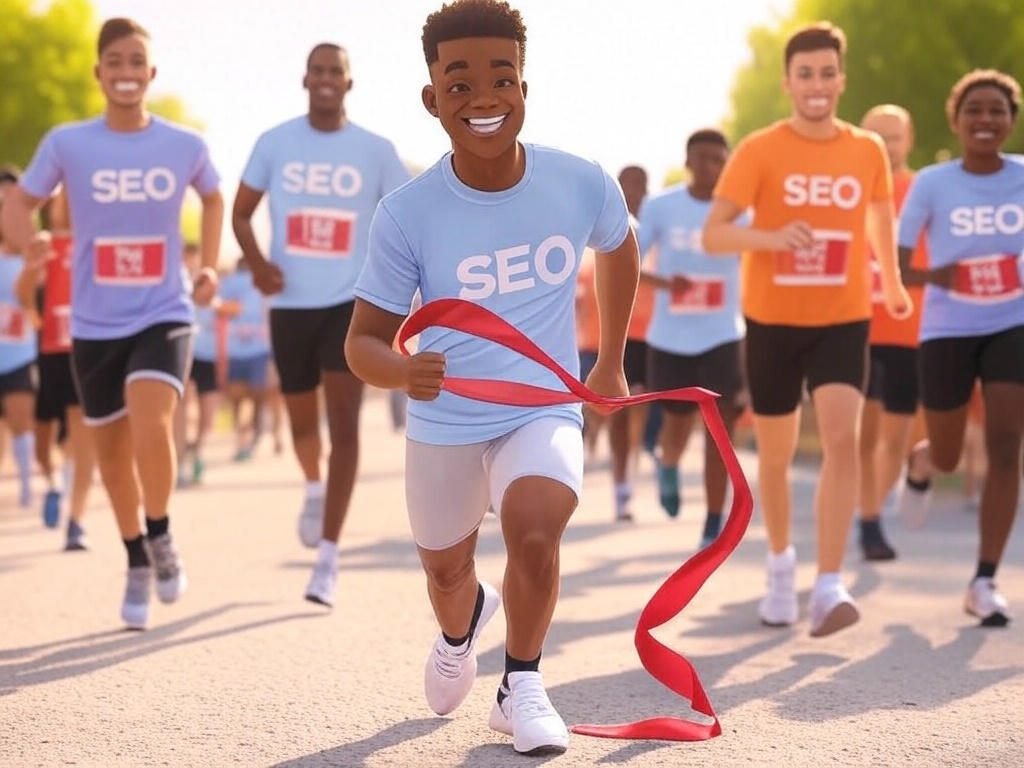 Group of people racing representing an SEO race, with one man winning, symbolizing success with small business SEO services