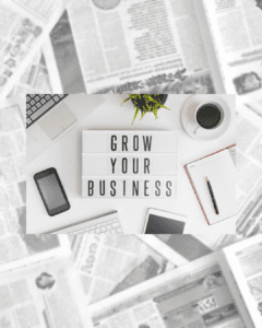 Digital Marketing Strategies NS, "Grow Your Business" text on newspaper background, highlighting digital marketing for Bridgewater NS small businesses in 2025.