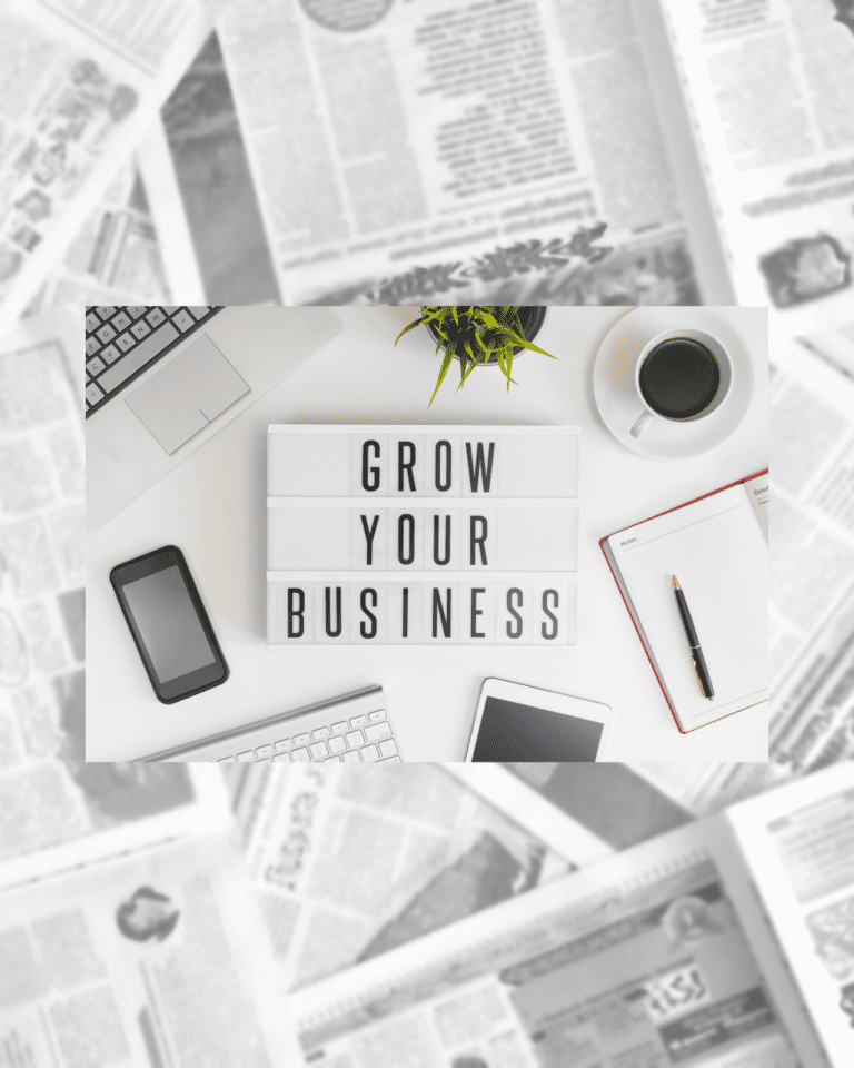 Digital Marketing Strategies NS, "Grow Your Business" text on newspaper background, highlighting digital marketing for Bridgewater NS small businesses in 2025.
