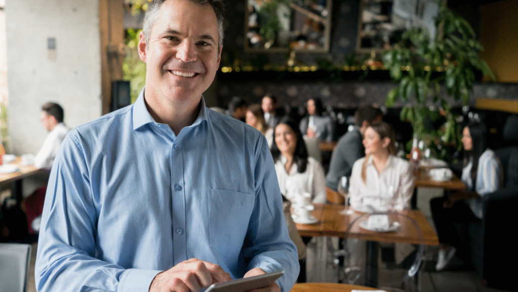 Successful male business owner standing confidently in his cafe, representing the success of custom search engine optimization services.