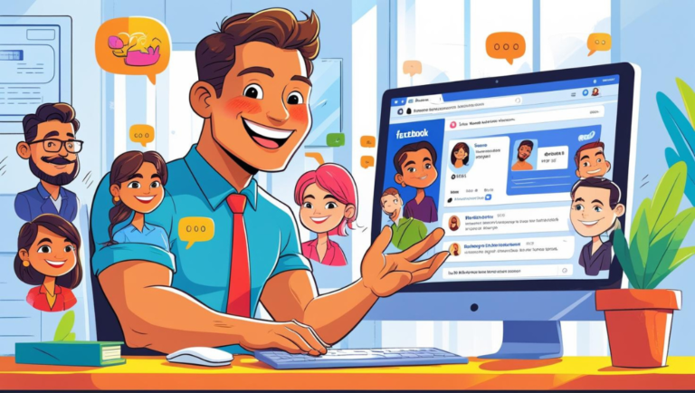 Cartoon business owner with laptop showing Facebook page, symbolizing digital marketing success for South Shore small businesses.” This improves accessibility and boosts visibility for keywords like “digital marketing for small business.