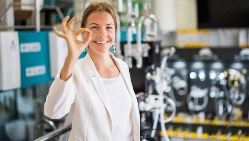 A happy female shop owner in Nova Scotia stands in her store, giving the OK hand gesture to signify perfect website performance through Technical SEO.